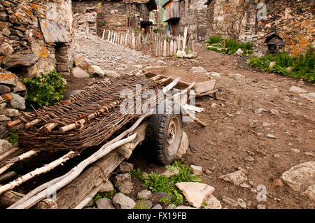 Ushguli or Ushkuli is a community of villages located at the head of the Enguri gorge in Upper Svaneti, Georgia. Stock Photo