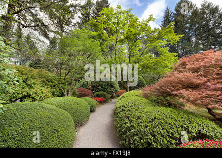 Garden path lined with lush plants and trees in Portland Japanese Garden in Springtime Stock Photo