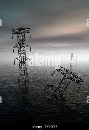 Electricity pylons submerged in flood water illustration. Stock Photo