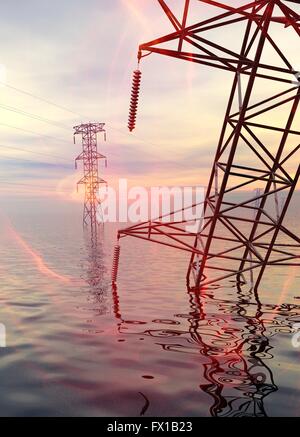 Electricity pylons submerged in flood water, illustration. Stock Photo