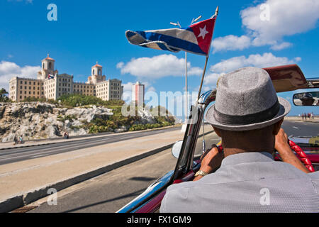 Horizontal view of the Hotel National from inside a classic American car in Havana, Cuba. Stock Photo