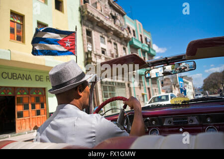 Horizontal view of old Havana from inside a classic American car, Cuba. Stock Photo