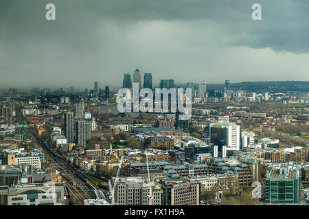 Rain Storm over Canary Wharf London England Aerial View Stock Photo