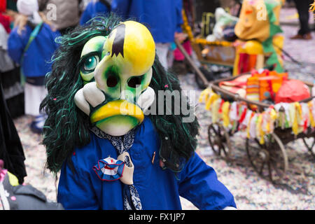 One participant of the Basel carnival 2016 in a so called Waggis costume during the children carnival on Tuesday morning. Stock Photo