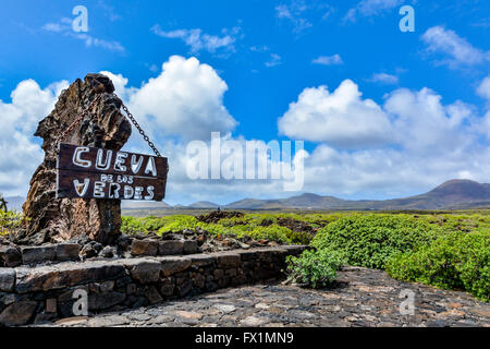 Entrance sign to Cueva de los Verdes, an amazing lava tube and tourist attraction on Lanzarote island, Spain Stock Photo