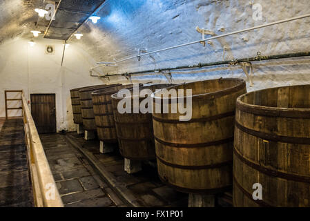 Wooden open fermentation barrels in the historical cellars of Pilsner Urquell Brewery in Pilsen city, Czech Republic Stock Photo