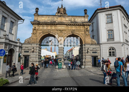 Entrance gate to Pilsner Urquell Brewery in Pilsen city, Czech Republic Stock Photo