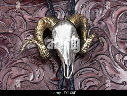 Sterling silver Indian ram head bolo tie. Stock Photo
