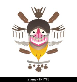 Tribal Mask with feather and fish. Vector illustration. Isolated on white background. Stock Vector