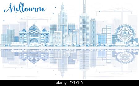 Outline Melbourne Skyline with Blue Buildings and Reflections. Vector Illustration. Business Travel and Tourism Concept Stock Vector