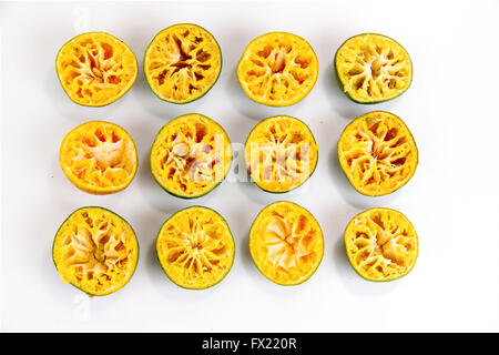 half orange peel to arranged on a white background. Flat Lay in food Stock Photo