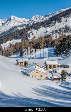 Winter Landscape in Val Fex in the Engadine, Grisons, Switzerland Stock Photo