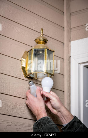 Replacing an incandescent light with an LED Stock Photo