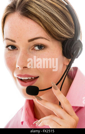 Telesales or Marketing Young Woman Using a Headset Isolated Against White Background Stock Photo
