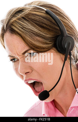 Frustrated Angry Customer Service Telesales Or Marketing Business Woman Talking Through A Headset, Isolated Against White Background Stock Photo