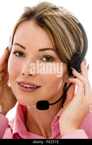 Telesales or Marketing Young Woman Using a Headset Isolated Against White Background Stock Photo