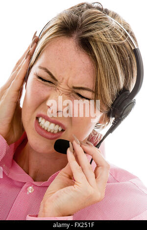 Frustrated Angry Customer Service Telesales Or Marketing Business Woman Talking Through A Headset, Isolated Against White Background Stock Photo