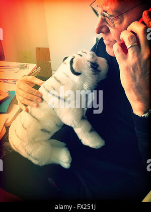 Senior Man Talking on Phone with Stuffed Tiger in Lap, USA Stock Photo