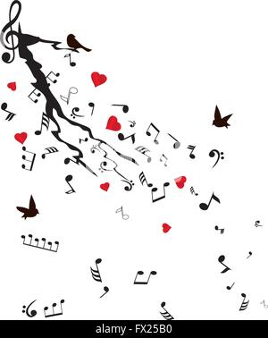 vector illustration of musical notes tree branch with birds and hearts Stock Vector