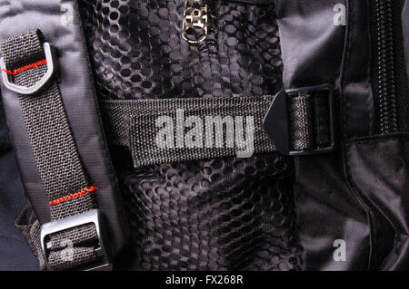closeup of a pockets in the black backpack Stock Photo
