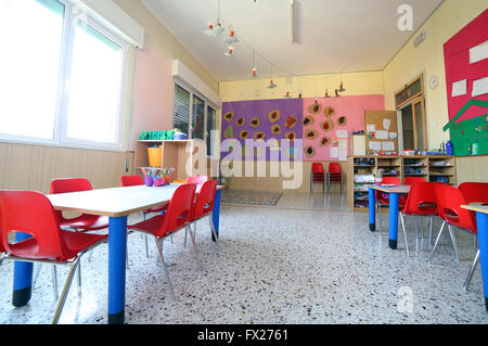 inside of the kindergarten classroom with drawings on the walls Stock Photo