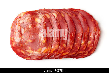 Sliced chorizo sausage isolated on white background, top view Stock Photo