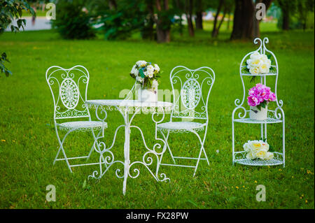 White vintage metal tea table and chairs on a grass in summer park Stock Photo