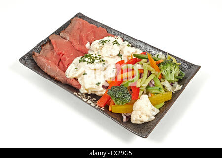Roast beef with potato salad and vegetables Stock Photo