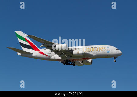 Emirates, Airbus A380-861, super jumbo jet , flight EK151 on final approach to Copenhagen Airport, Kastrup, Denmark from Dubai Stock Photo