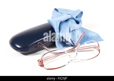 Eyeglasses, case and cloth on a white background Stock Photo
