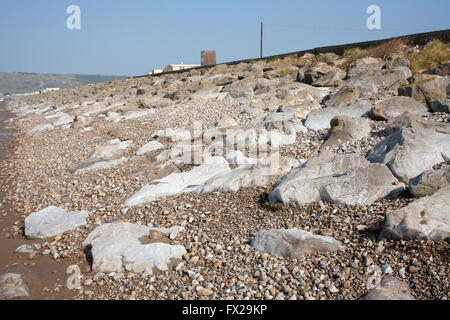 sea flood defense on beach in Bean Somerset Stock Photo