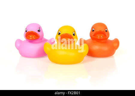 Colorful rubber ducks with big lips on a white background Stock Photo