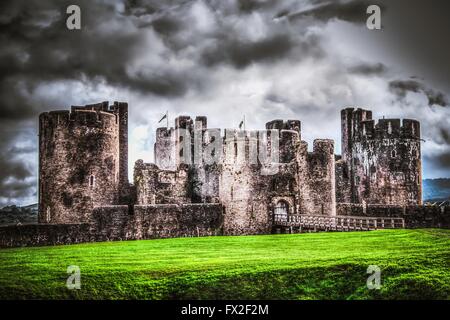 Caerphilly Castle is a medieval fortification in Caerphilly  South Wales and constructed in the 13th century. Stock Photo