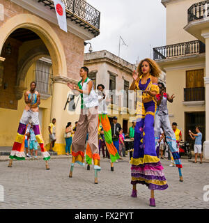 Square portrait of stilt walkers performing in Havana, Cuba. Stock Photo