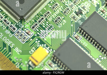 Closeup of electronic circuit board, inside of computer Stock Photo