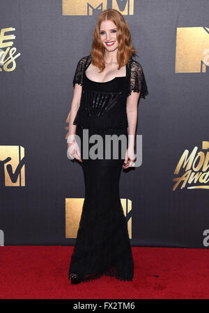 Burbank, California, USA. 9th Apr, 2016. Jessica Chastain arrives for the Mtv Movie Awards 2016 on the Warner Brothers Studio Lot. Credit:  Lisa O'Connor/ZUMA Wire/Alamy Live News Stock Photo