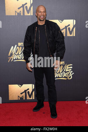 Burbank, California, USA. 9th Apr, 2016. Common arrives for the Mtv Movie Awards 2016 on the Warner Brothers Studio Lot. Credit:  Lisa O'Connor/ZUMA Wire/Alamy Live News Stock Photo