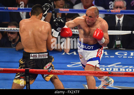 Las Vegas, Nevada, USA. 9th April, 2016. Arthur Abraham (Berlin, Germany) throws a punch during the Abraham vs. Ramirez WBO Super Middleweight World Championship fight in the MGM Grand Garden Arena at the MGM Grand Hotel and Casino in Las Vegas, Nevada. Gilberto Ramirez defeated Arthur Abraham by unanimous decision. Credit:  dpa picture alliance/Alamy Live News Stock Photo