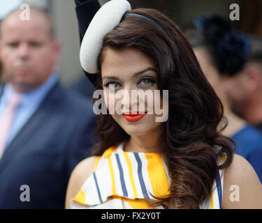 Sydney, Australia. 09th Apr, 2016. Indian Bollywood actress Aishwarya Rai-Bachchan poses for fan photographs after presenting the Longines Prize for Elegance at Royal Randwick as a longtime brand ambassador of Longines luxury watches. © Hugh Peterswald/Pacific Press/Alamy Live News Stock Photo