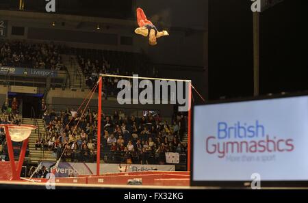 Liverpool, UK. 10th April, 2016. British Gymnasics and the high bar. British Gymnastics Championships 2016. Echo Arena. Liverpool. UK. 10/04/2016. Credit:  Sport In Pictures/Alamy Live News Stock Photo