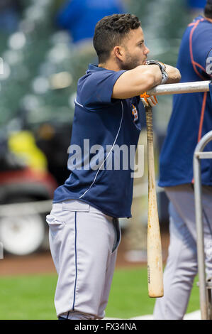 April 10, 2016: Houston Astros second baseman Jose Altuve #27 looks on during batting practice prior to the Major League Baseball game between the Milwaukee Brewers and the Houston Astros at Miller Park in Milwaukee, WI. John Fisher/CSM Stock Photo