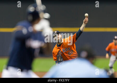 Milwaukee, WI, USA. 10th Apr, 2016. Barrelman waves to fans on the top of  dugout prior to the Major League Baseball game between the Milwaukee Brewers  and the Houston Astros at Miller