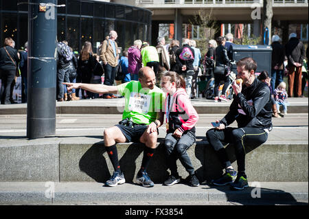 Rotterdam, The Netherlands. 10th Apr, 2016. Participants run on the Erasmus bridge during the Rotterdam Marathon, Kenyan Marius Kipserem won the race in personal best 2 hours, 06 minutes and 10 seconds edging out last year's winner Ethiopian Solomon Deksisa. In the women’s contest, Sutume Asefa Kebede went out fast, covering the first 5km in 16:53, a massive 46 seconds ahead of her pursuers and on 2:18 pace. But disaster struck the leader after 30km when she was hit with stitch. Credit:  Romy Arroyo Fernandez/Alamy Live News Stock Photo