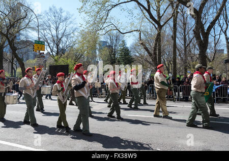 Scout band marching in the 2016 New York Greek Parade Stock Photo