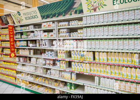 Huge selection of,bio,organic,food,products,on sale at Alcampo supermarket,aisle, in Diagonal Mar shopping Centre, Barcelona,Catalonia,Spain.Spanish, Stock Photo