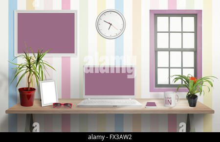 Laptop on desk in girl room. Isolated, white screen for mockup. Creative scene with plants, picture frame, glasses, smart phone, Stock Photo