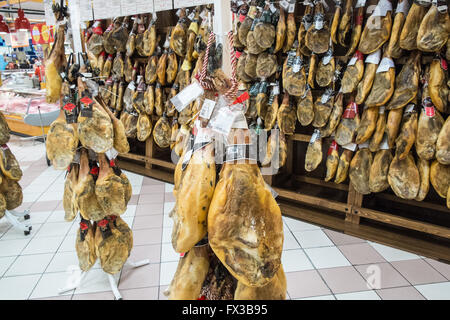Huge selection of ham products on sale at Alcampo supermarket in Diagonal Mar shopping Centre, Barcelona,Catalonia,Spain. Stock Photo