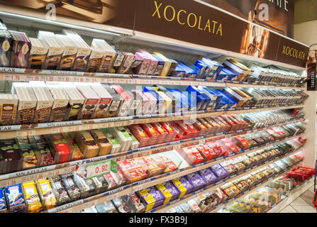 Huge selection of chocolate types on sale at Alcampo supermarket in Diagonal Mar shopping Centre, Barcelona,Catalonia,Spain. Stock Photo