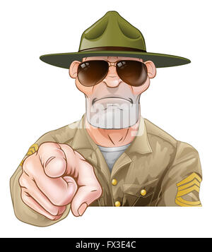 An angry looking cartoon army boot camp drill sergeant pointing Stock Photo