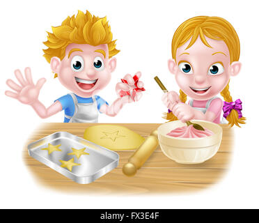 Cartoon kids baking and cooking as chefs in the kitchen Stock Photo